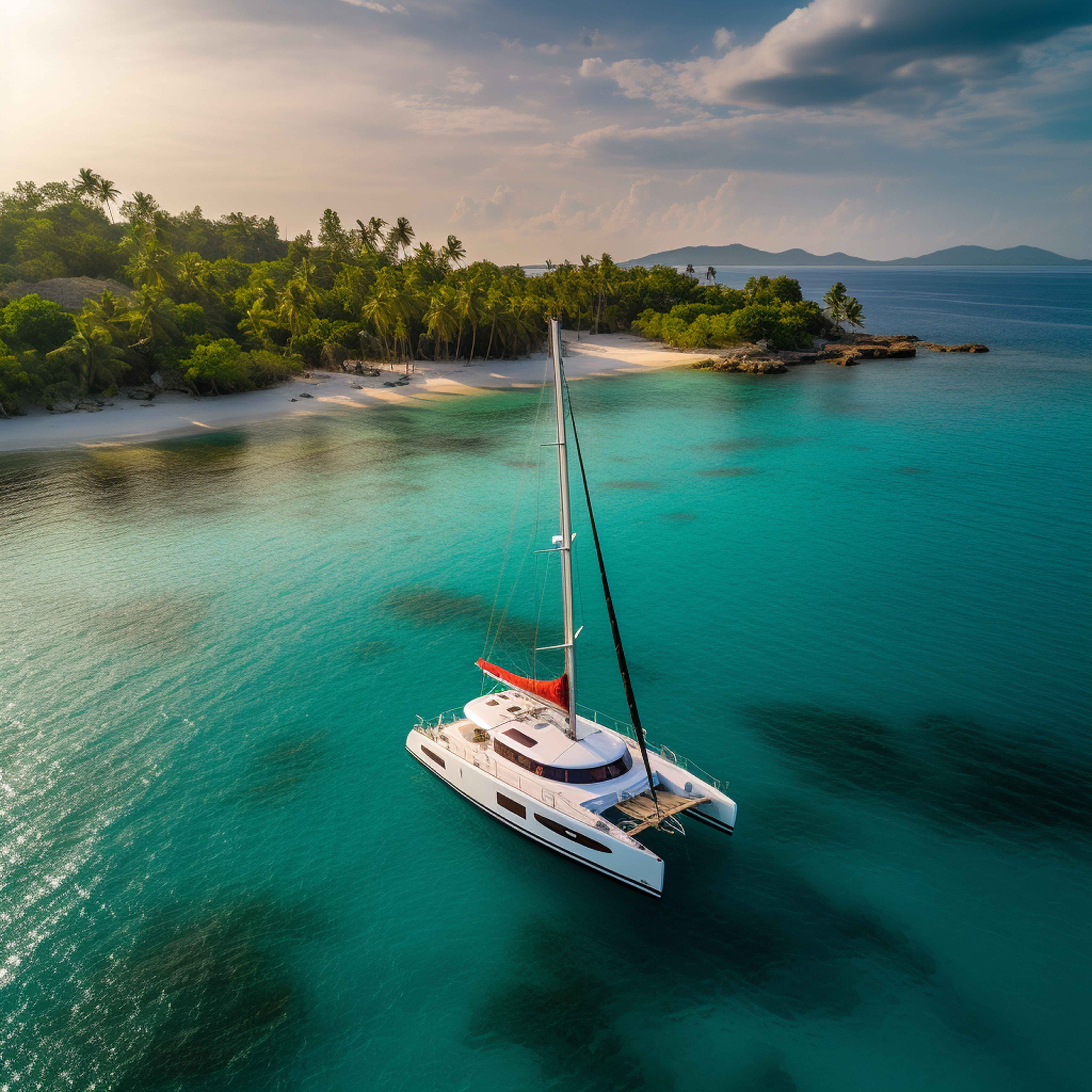 Aerial view of tropical island with yachts anchored
